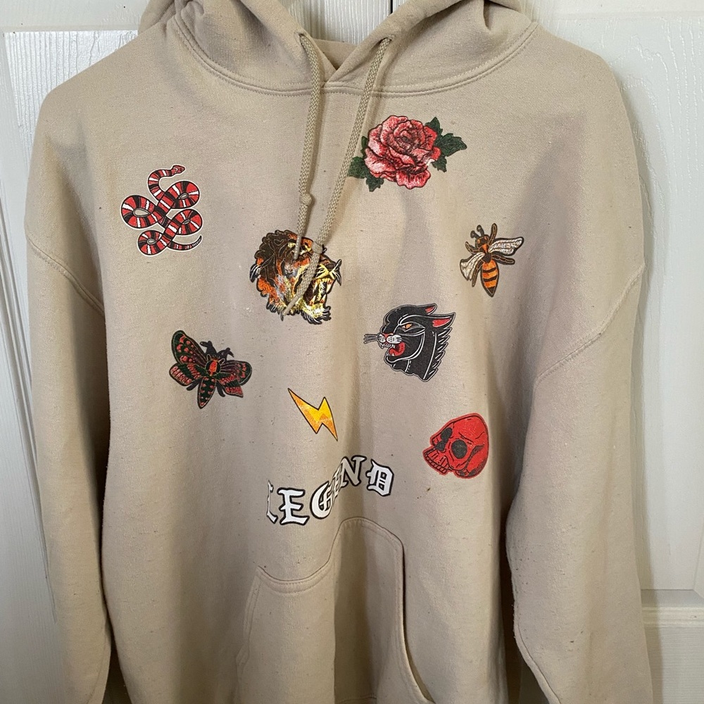 Tan hoodie with patches